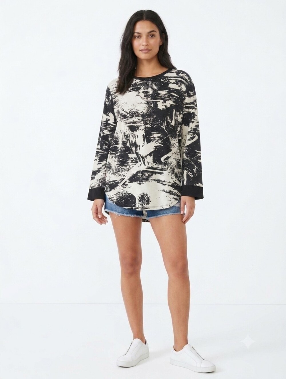 Black and Cream Abstract Print Long Sleeve Top Up To Size 3XL